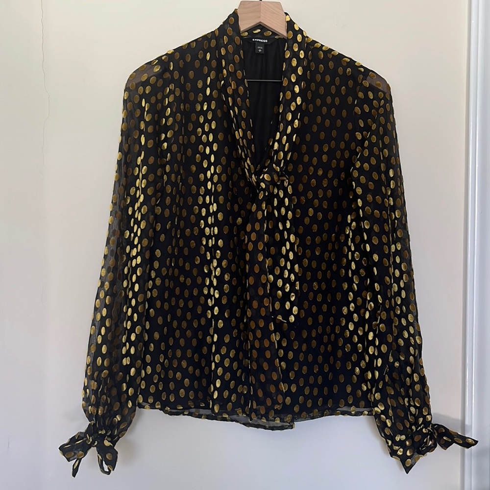 Express Long Sleeve Sheer Lined Gold Velvet Dot Blouse Size Small - Picture 4 of 11